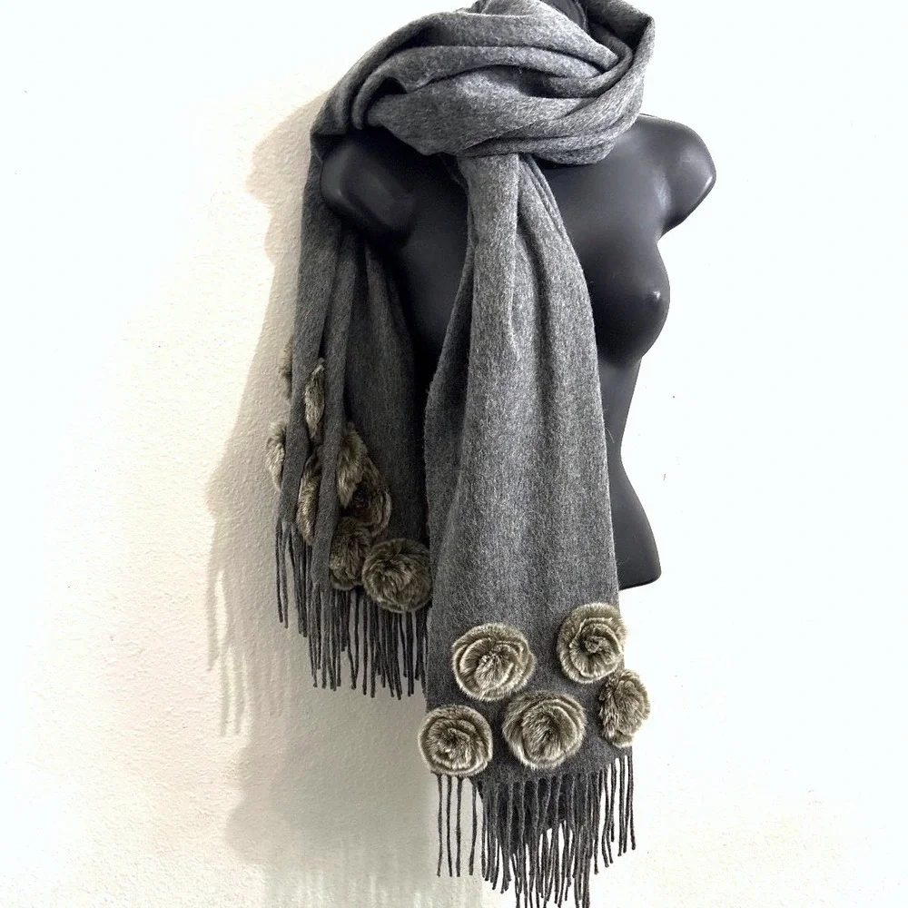 Chanel Scarf Gray Quiet Luxury Wool Floral Applique Fringe Old Money Mob Wife
